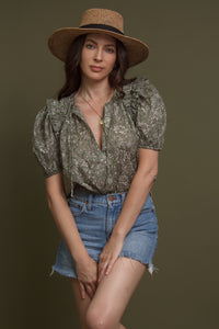 Floral print puff sleeve cotton blouse, in olive. Image 6