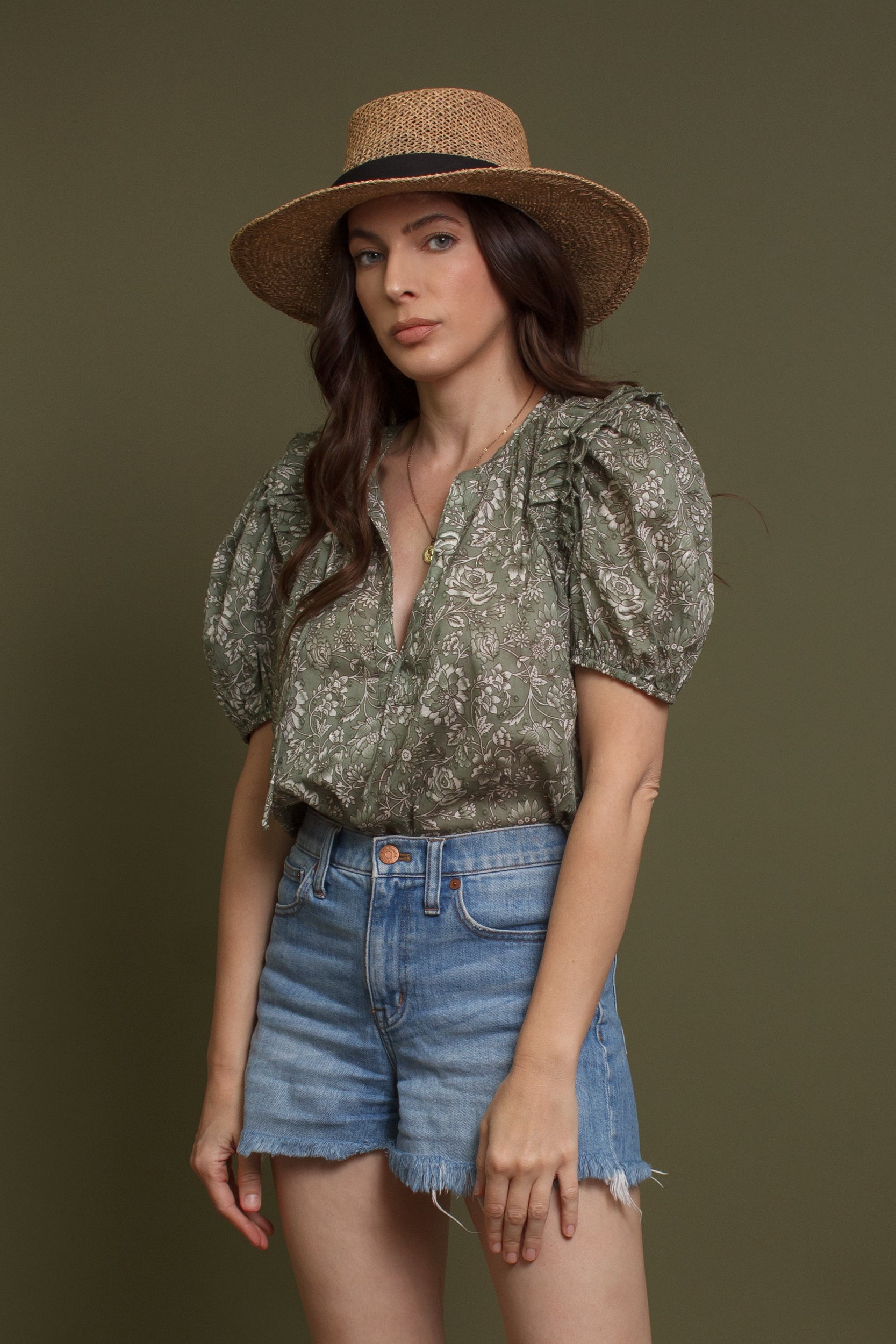 Floral print puff sleeve cotton blouse, in olive. Image 7