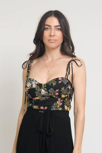Floral print bustier style camisole with tie straps, in Black. Image 10