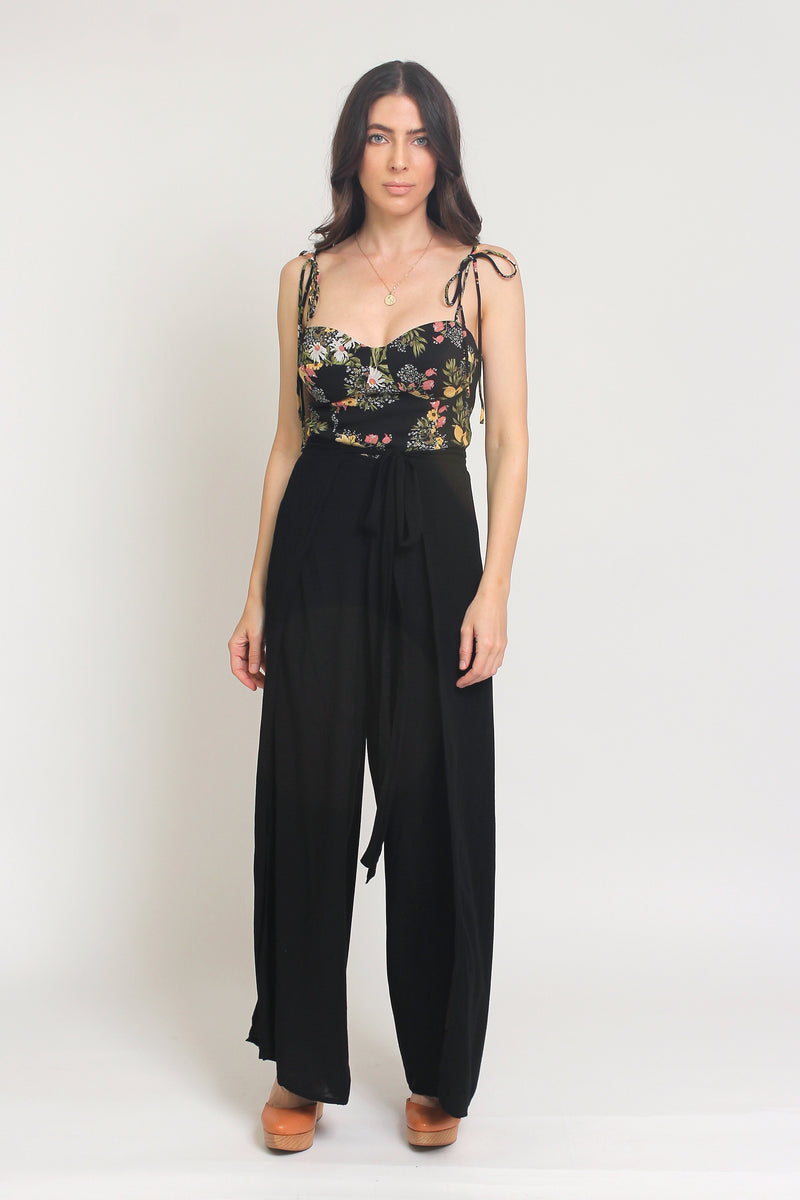 Floral print bustier style camisole with tie straps, in Black. Image 4