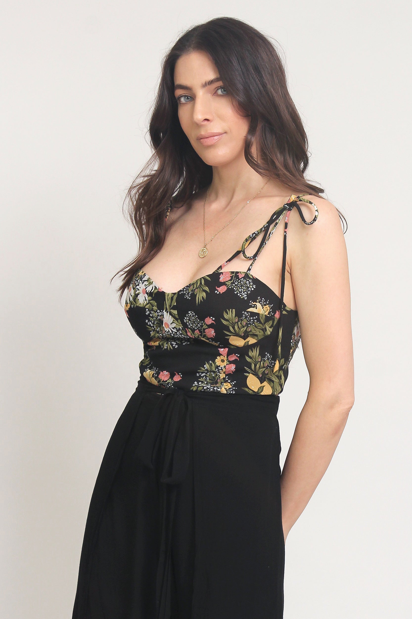 Floral print bustier style camisole with tie straps, in Black. Image 7