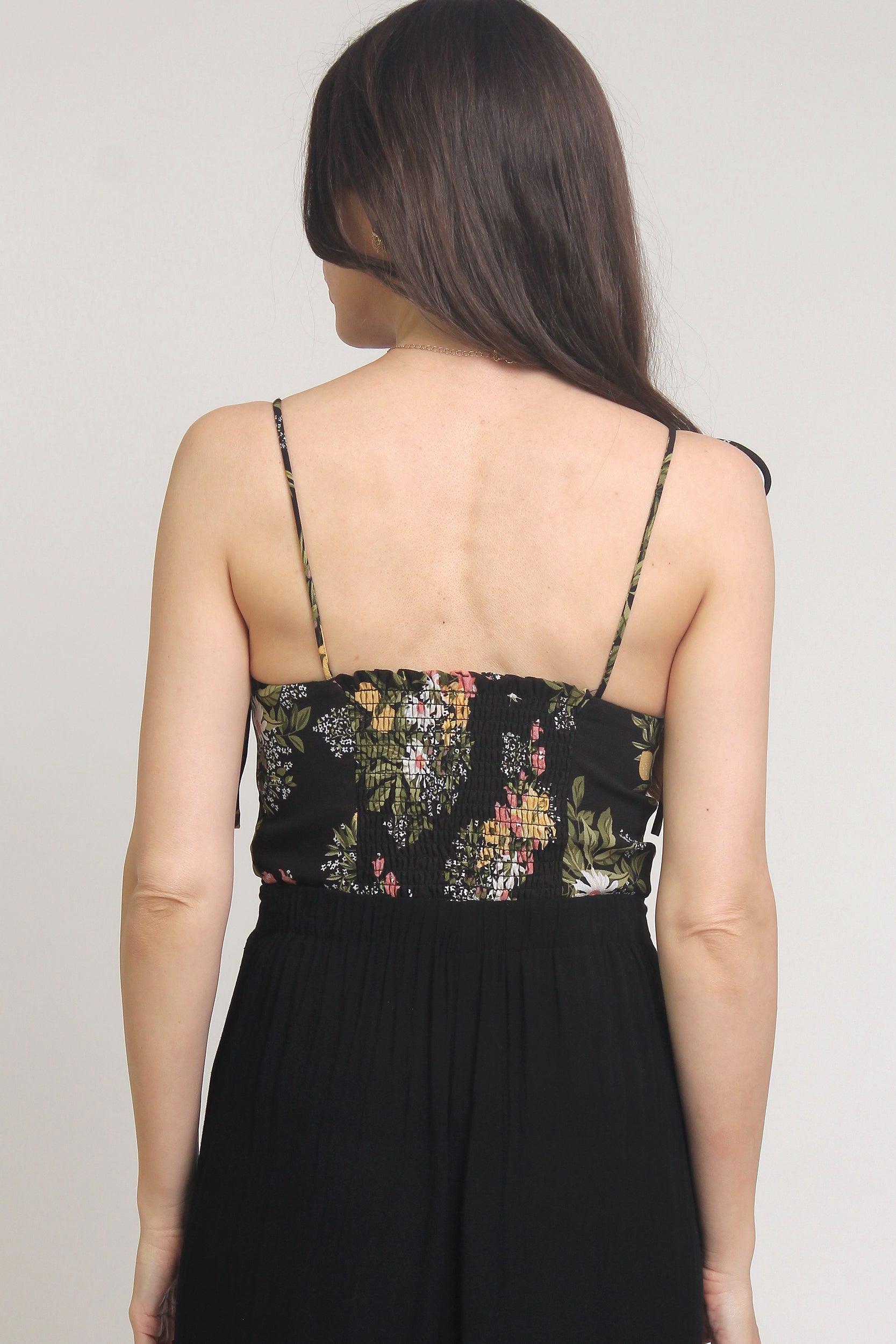 Floral print bustier style camisole with tie straps, in Black. Image 8