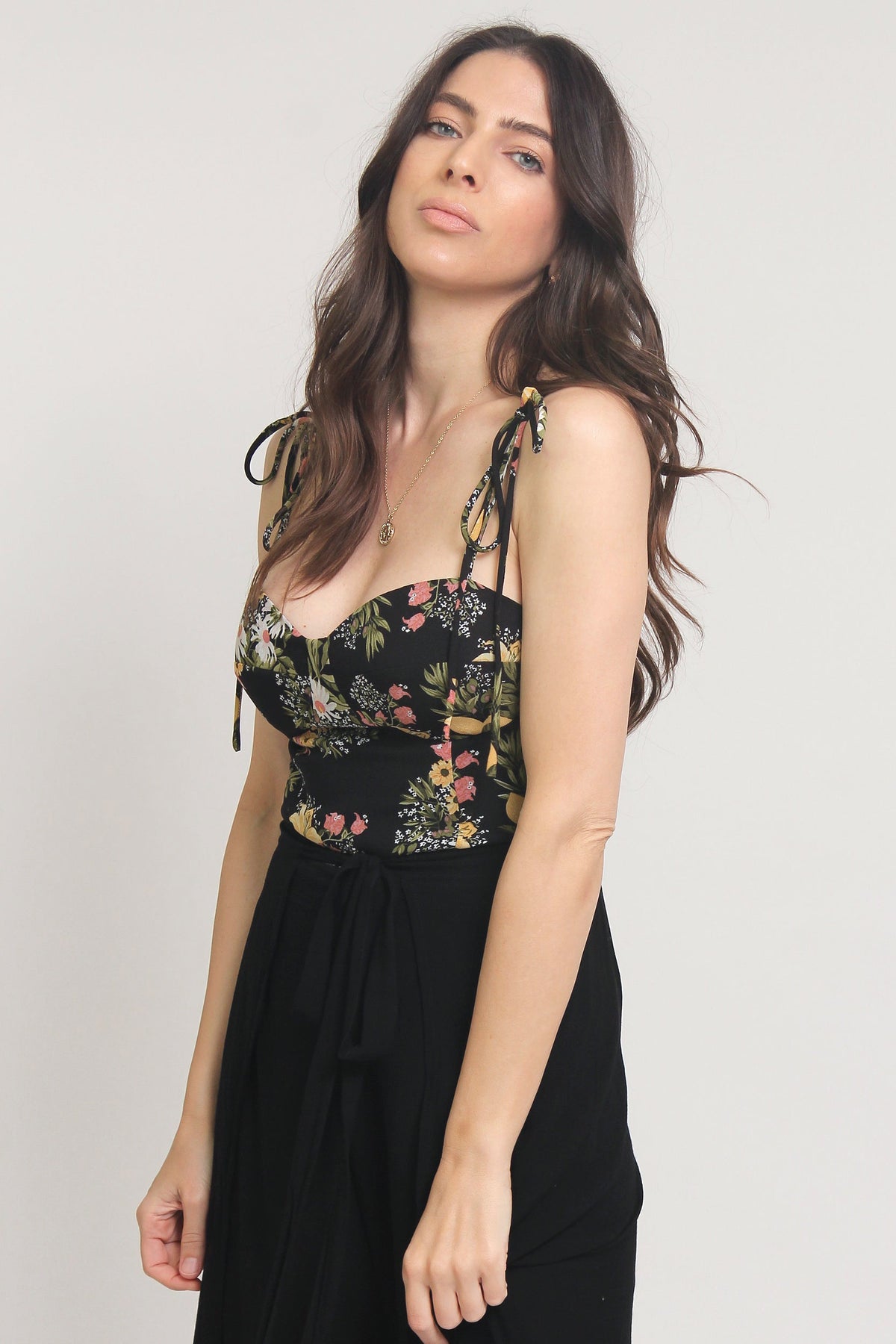 Floral print bustier style camisole with tie straps, in Black. Image 9