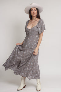 Floral midi dress with sweetheart neckline, in olive combo. Image 2