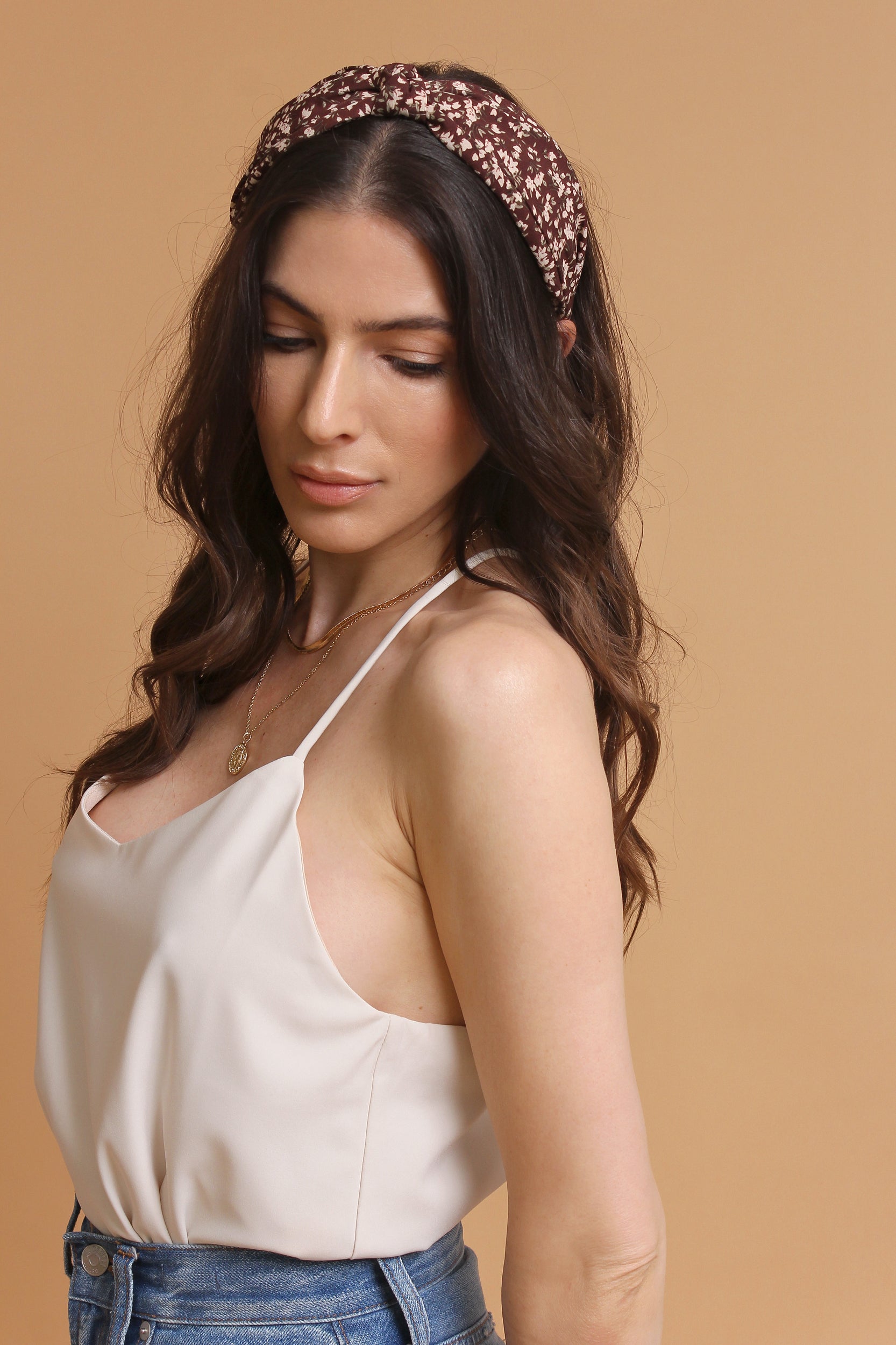 Floral headband, in Chocolate Brown. Image 3