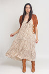 Apron front floral midi dress with pockets and tiered skirt, in cream. Image 14