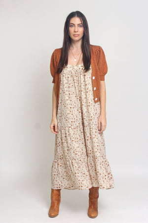 Apron front floral midi dress with pockets and tiered skirt, in cream. Image 15