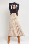 Apron front floral midi dress with pockets and tiered skirt, in cream. Image 5