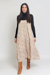 Apron front floral midi dress with pockets and tiered skirt, in cream. Image 6
