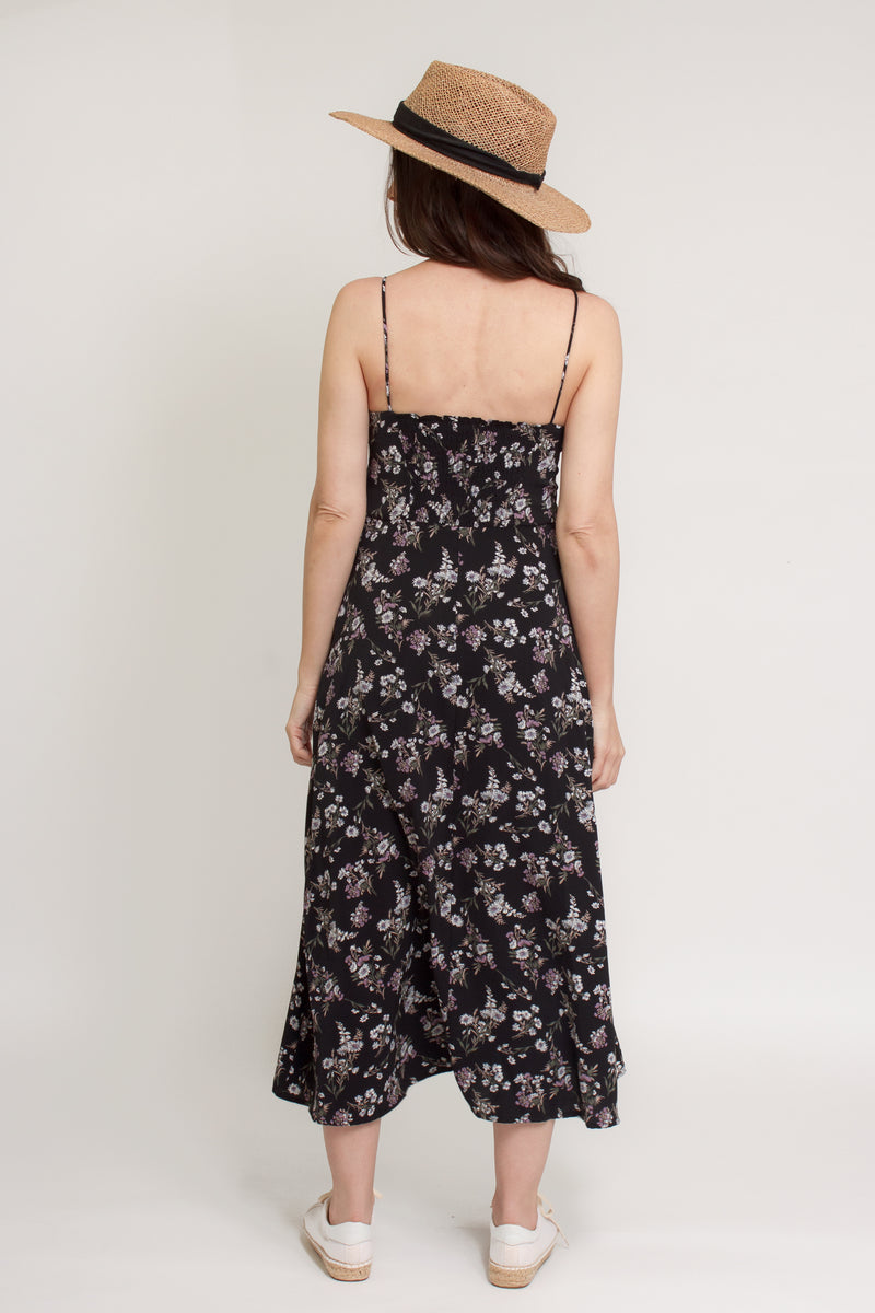 Floral midi dress with tie straps, in black. Image 6