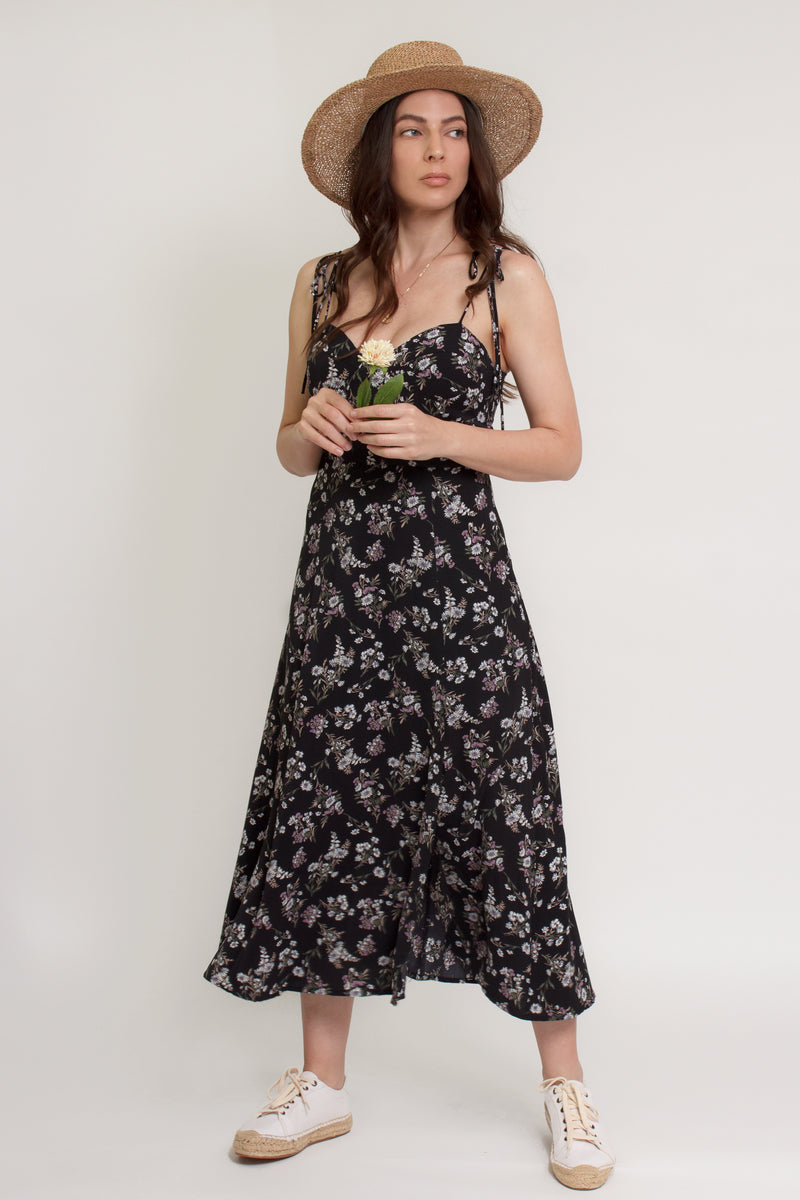 Floral midi dress with tie straps, in black. Image 7