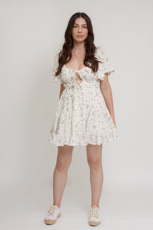 Floral mini dress, with flutter sleeves, in pink cream. Image 12