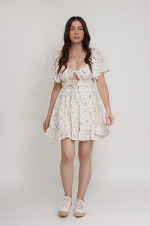 Floral mini dress, with flutter sleeves, in pink cream. Image 14