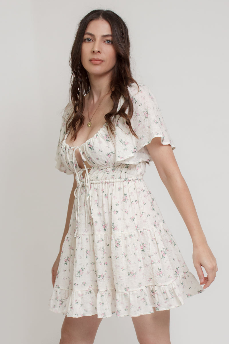 Floral mini dress with flutter sleeves, in pink cream.