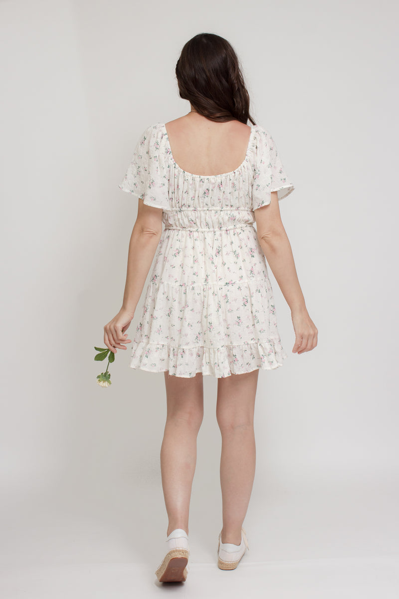 Floral mini dress, with flutter sleeves, in pink cream. Image 8