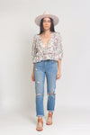 Floral top with ruffle detail and puff sleeves, in White. Image 2