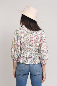 Floral top with ruffle detail and puff sleeves, in White. Image 6