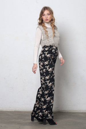 Wide leg, floral print pants, in black. Image 2