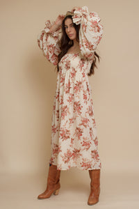floral puff sleeve smocked dress, in cream floral. Image 13