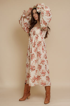 floral puff sleeve smocked dress, in cream floral. Image 13