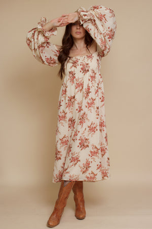 floral puff sleeve smocked dress, in cream floral. Image 14