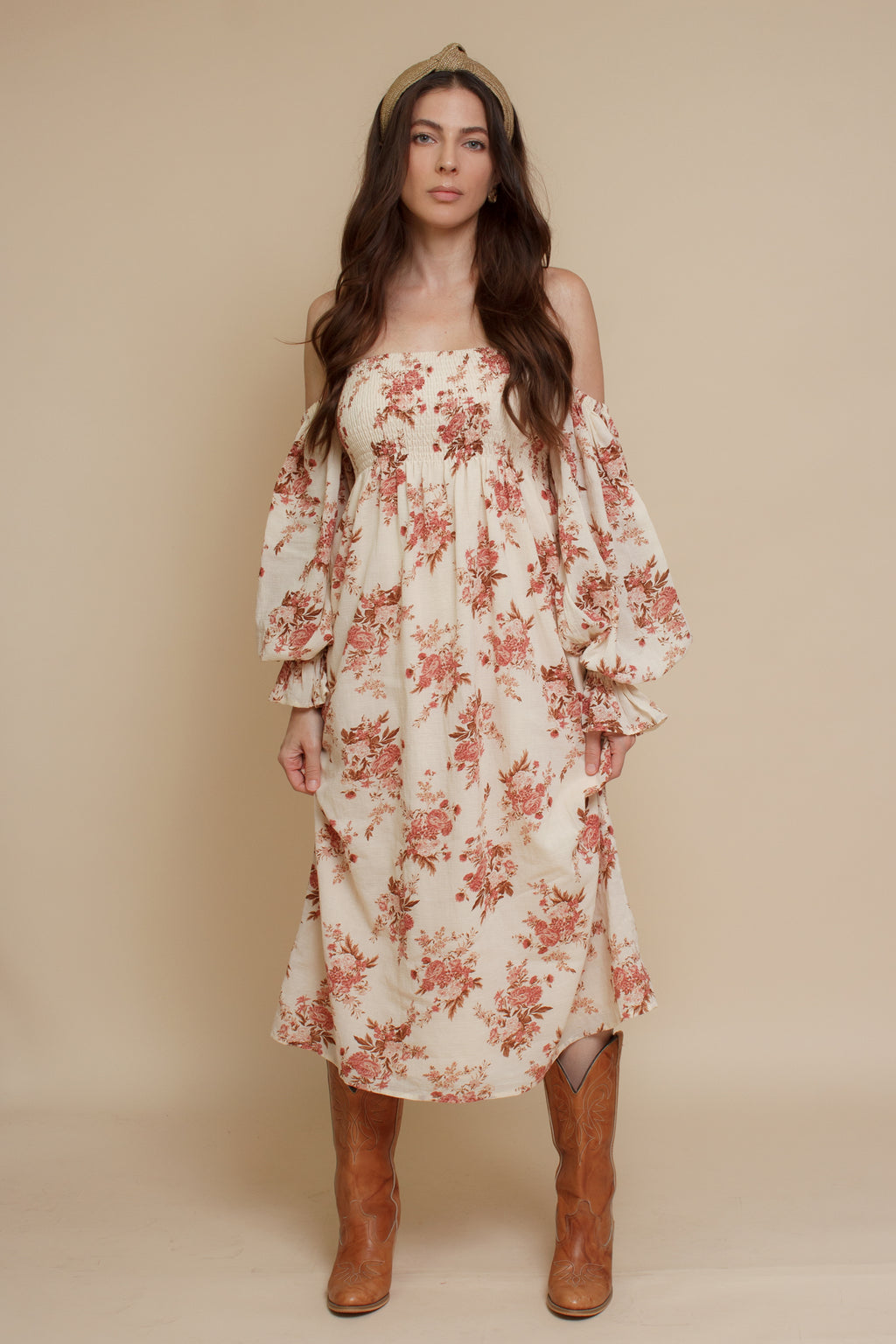 floral puff sleeve smocked dress, in cream floral. Image 15