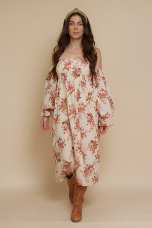 floral puff sleeve smocked dress, in cream floral. Image 16