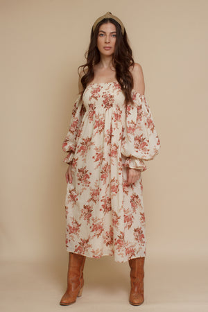 floral puff sleeve smocked dress, in cream floral. Image 18