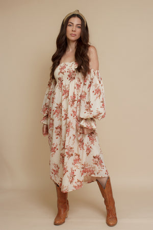 floral puff sleeve smocked dress, in cream floral. Image 2