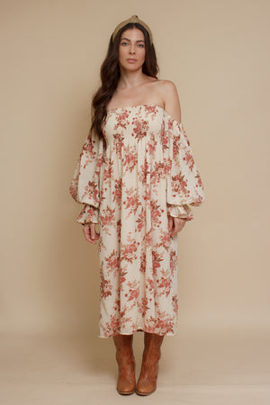floral puff sleeve smocked dress, in cream floral. Image 4