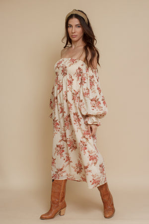 floral puff sleeve smocked dress, in cream floral. Image 5