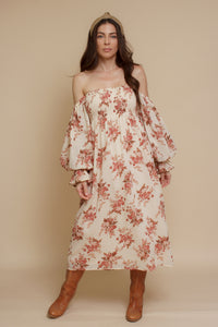 floral puff sleeve smocked dress, in cream floral. Image 7