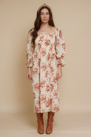 floral puff sleeve smocked dress, in cream floral. Image 8