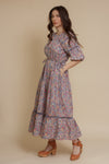 Floral puff sleeve midi dress, in light purple.