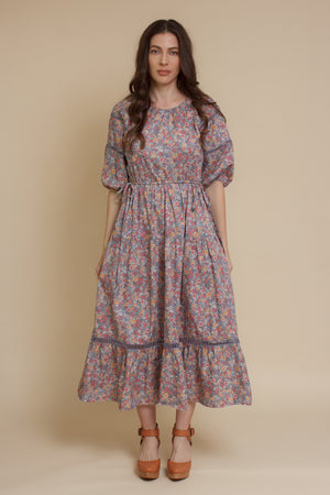 Floral puff sleeve midi dress, in light purple.