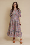 Floral puff sleeve midi dress, in light purple.