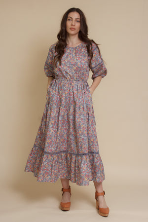 Floral puff sleeve midi dress, in light purple.