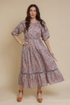 Floral puff sleeve midi dress, in light purple.