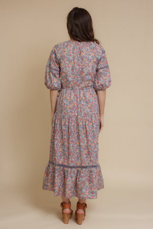 Floral puff sleeve midi dress, in light purple.