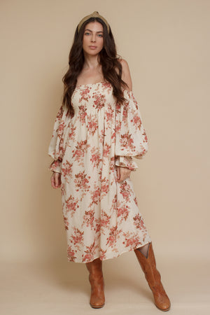 floral puff sleeve smocked dress, in cream floral.