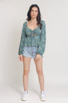 Floral sweetheart neckline top with balloon sleeves, in Teal. Image 10