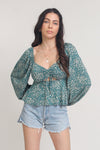 Floral sweetheart neckline top with balloon sleeves, in Teal. Image 11
