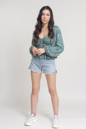 Floral sweetheart neckline top with balloon sleeves, in Teal. Image 2