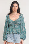 Floral sweetheart neckline top with balloon sleeves, in Teal. Image 3