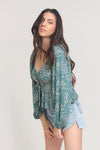 Floral sweetheart neckline top with balloon sleeves, in Teal. Image 4