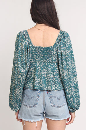 Floral sweetheart neckline top with balloon sleeves, in Teal. Image 5