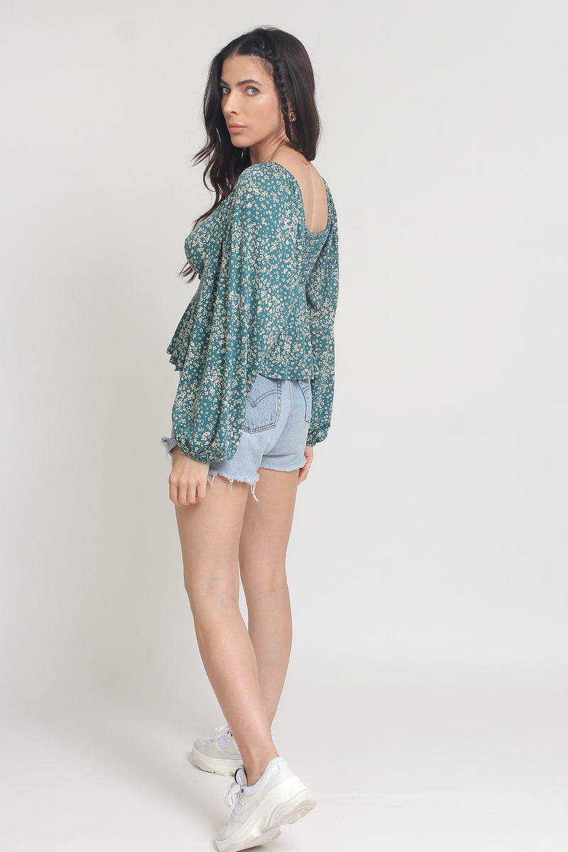 Floral sweetheart neckline top with balloon sleeves, in Teal. Image 8
