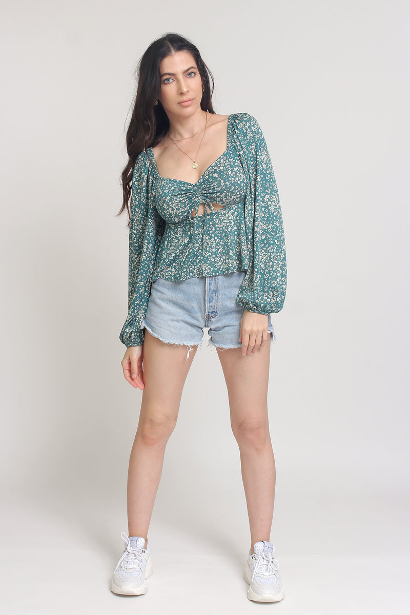 Floral sweetheart neckline top with balloon sleeves, in Teal. Image 6