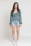 Floral sweetheart neckline top with balloon sleeves, in Teal. 