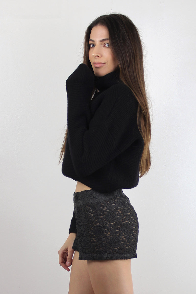 Floral textured pull on shorts, in Black. Image 3